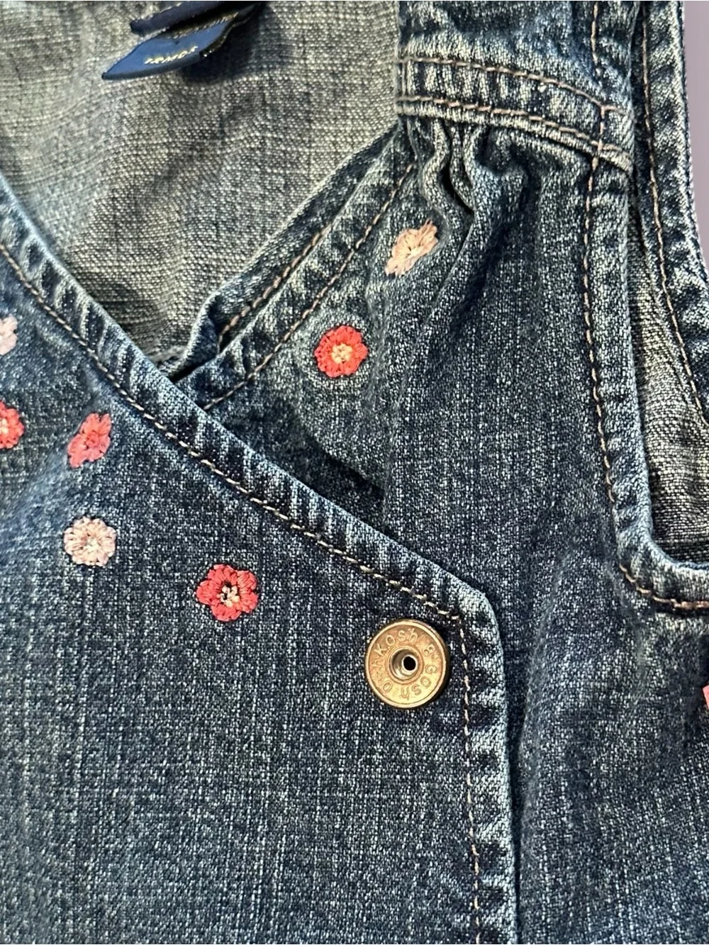 Vintage OshKosh B'gosh Denim Wrap Dress Floral Embroidery Size 12 Months